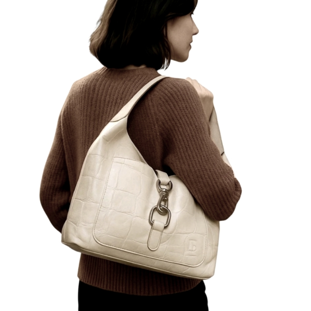Dooney & Bourke Croc Embossed Lock Tight Egg Shell Leather Shoulder Bag
